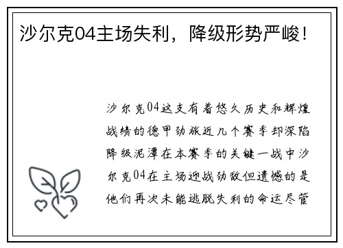 沙尔克04主场失利，降级形势严峻！